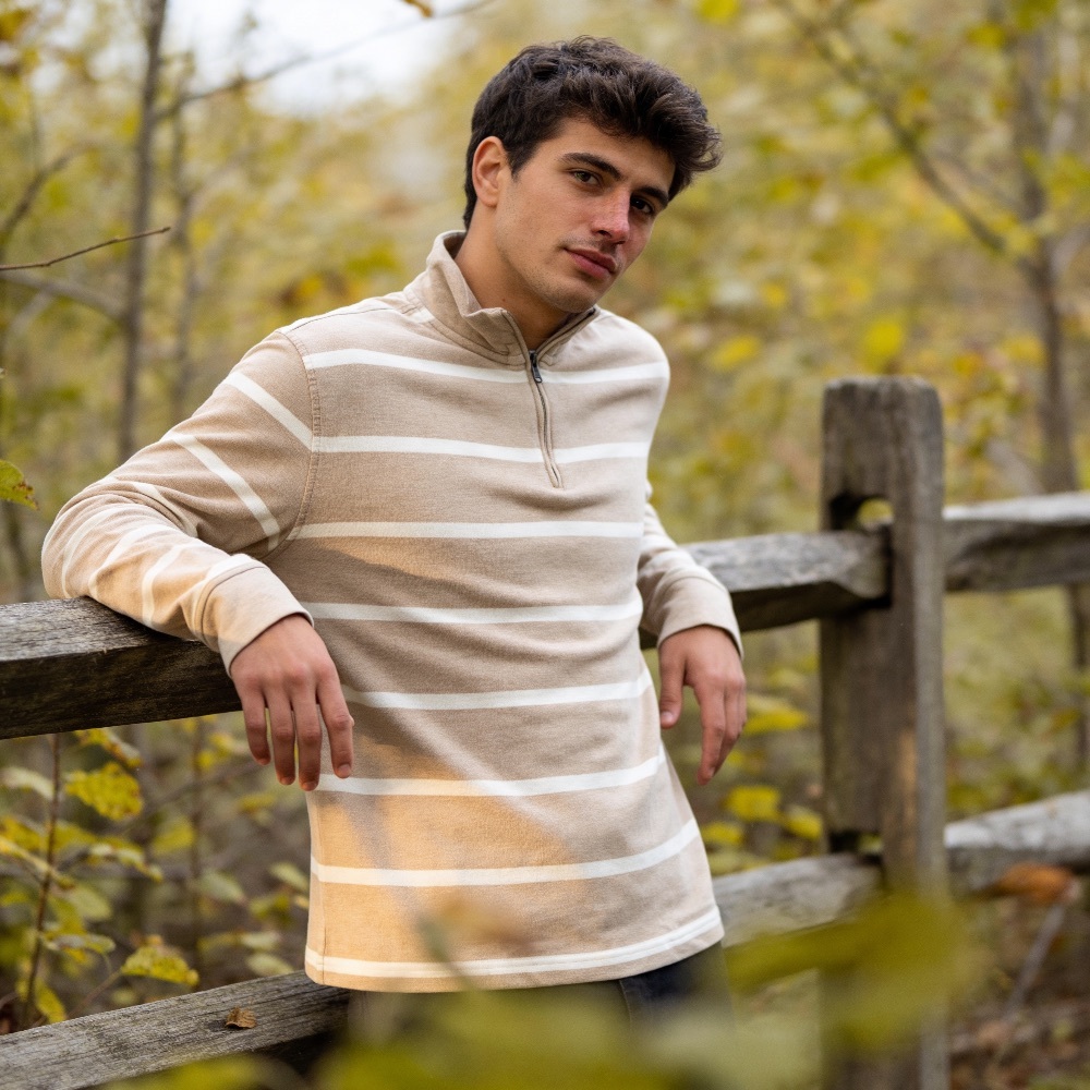 Brooks Brothers Preppy Tan Stripe Quarter Zip-Up Cotton Mens Sweater sz Medium